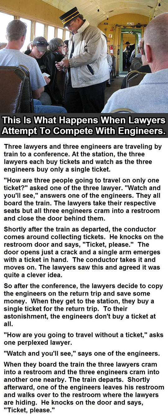 Three lawyers and three engineers were travelling by a train