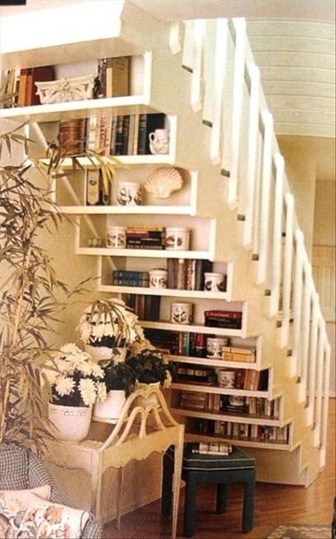 Shelves on the back of your stairs can create a fun look