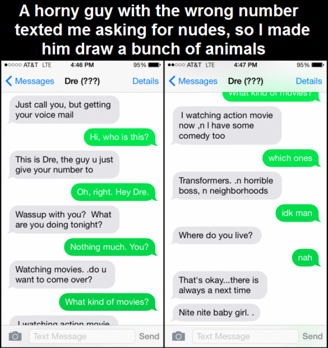 Guy with the wrong number texted me asking for pics, so I made him draw a bunch of animals