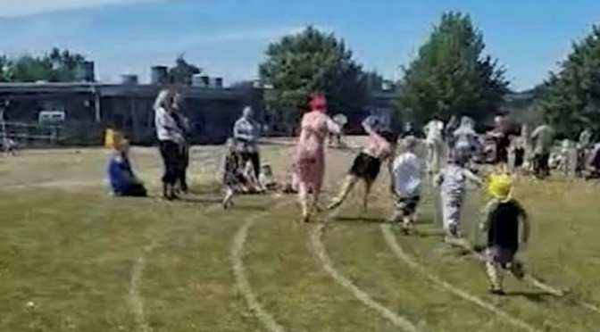 Cheating mother shoves mom rival off feet to win a race at daughter’s school