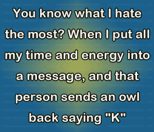 You know what I hate the most? When I put all my time and energy into a message, and that person sends an owl back saying "K".