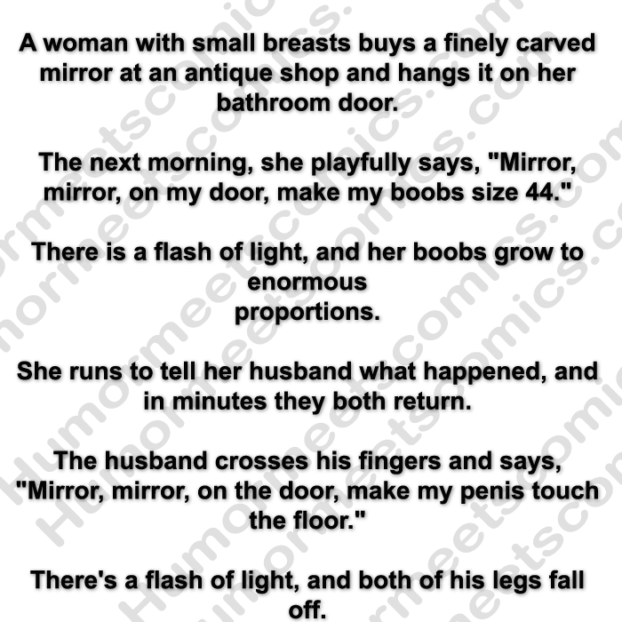 A woman with small breasts buys a finely carved mirror at an antique shop and hangs it on her bathroom door