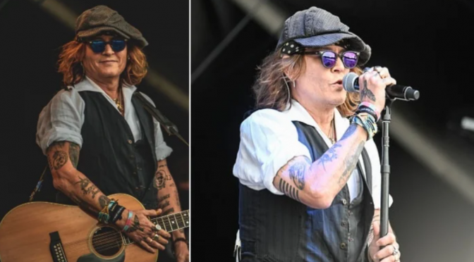 Johnny Depp surprises fans with a new clean-shaven look at a music concert