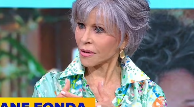 Jane Fonda cuts a youthful figure modeling a summery blouse as she swings by Good Morning America